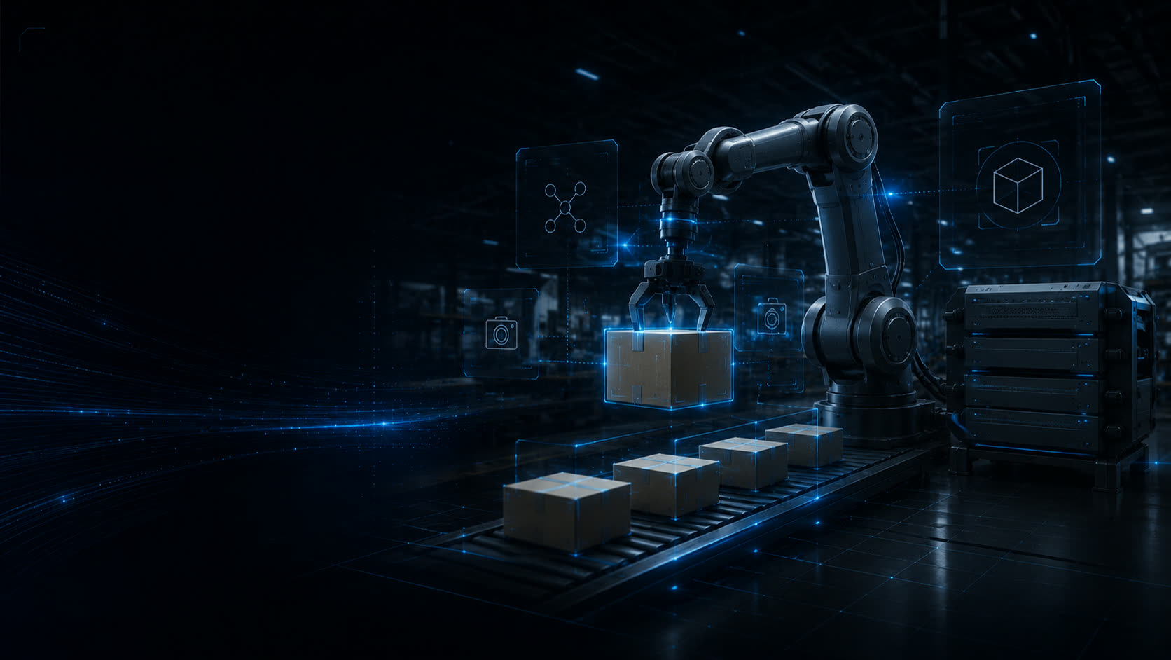 ロボットアームが段ボール箱を把持し、コンベア・エッジAI設備と連携して動かすPhysical AIライン
