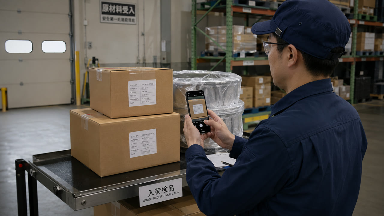 ハンディスキャナーで段ボールの送り状を読み取る入荷検品