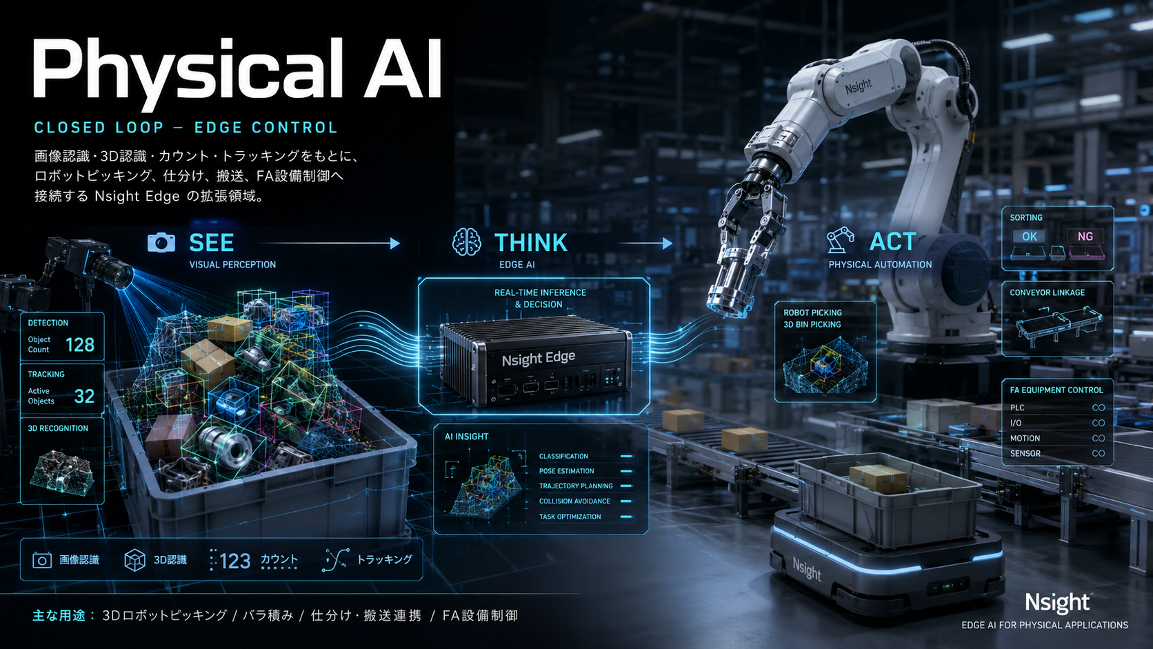 Physical AI — 画像認識・3D認識・カウント・トラッキングをもとにSEE→THINK→ACTのクローズドループでロボット・FA設備を動かすNsight Edgeの拡張領域