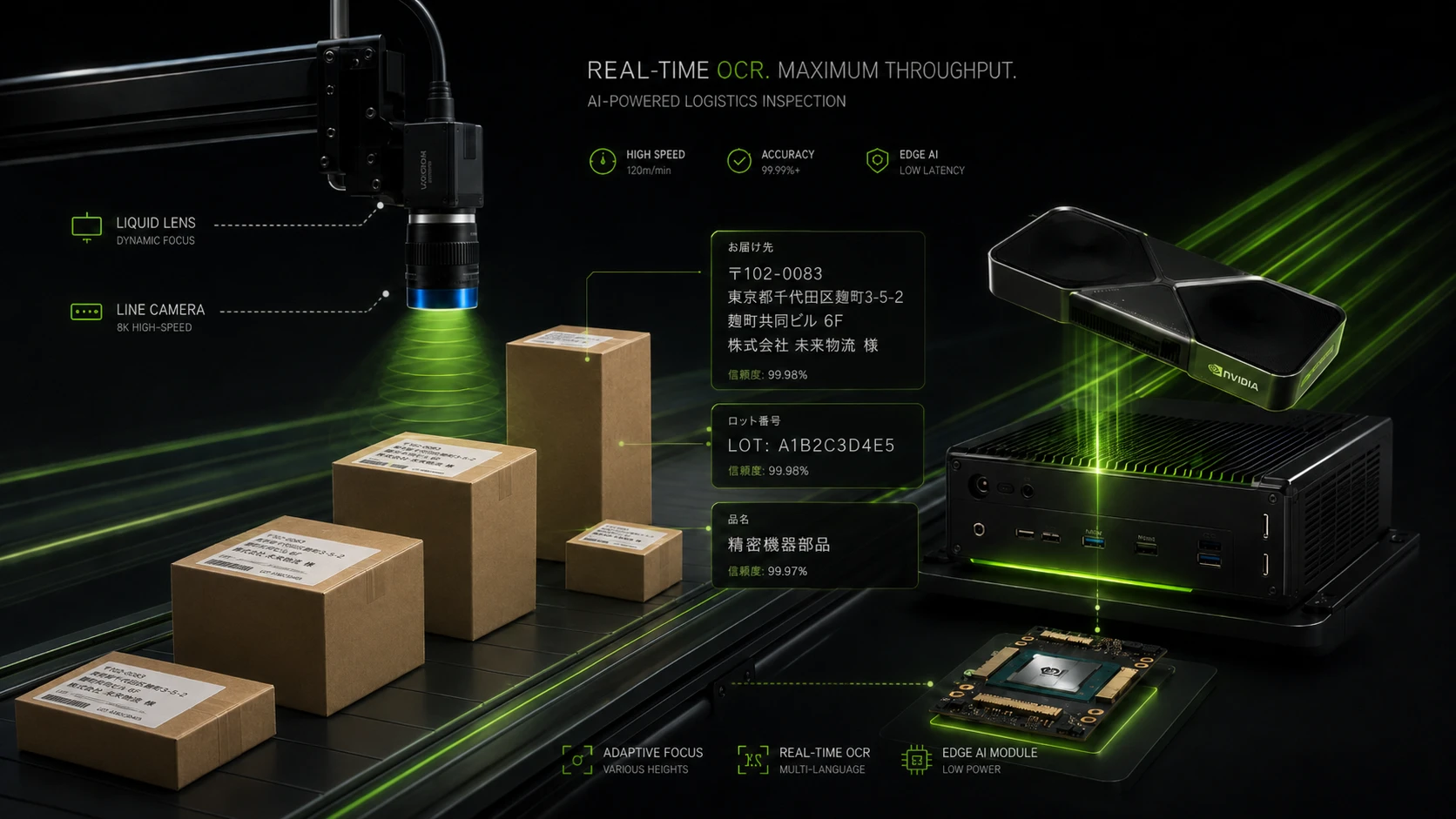 Nsight Edge VLM OCR のシステム全体像。コンベア上の高さの異なる荷物を、液体レンズ搭載ラインカメラが撮影し、VLM OCRが送り状の「お届け先」「ロット番号」「品名」を信頼度99.9%台で読み取り、NVIDIAエッジAIモジュール上で処理して連携する一連の流れ。